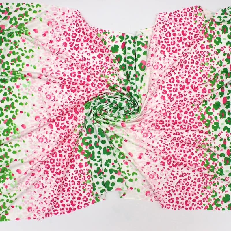 Gebreide polyester stof met dierenprint - fuchsia en groen