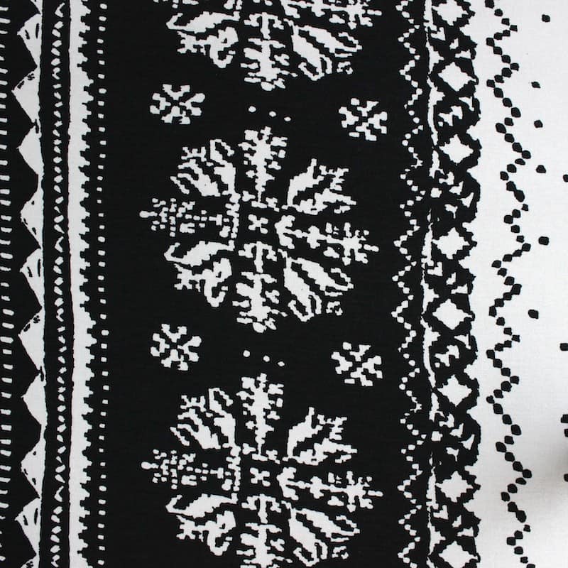 Tissu en viscose et élasthanne à motifs géométriques blancs sur fond noir