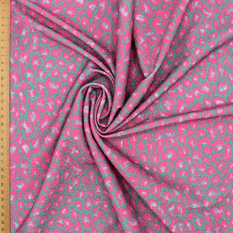 Tissu maille animal fil argenté - turquoise et rose
