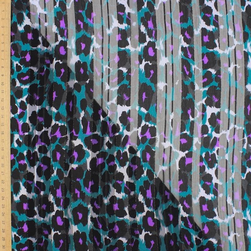 Veil with animal print, satin stripes and metal thread - peacock 