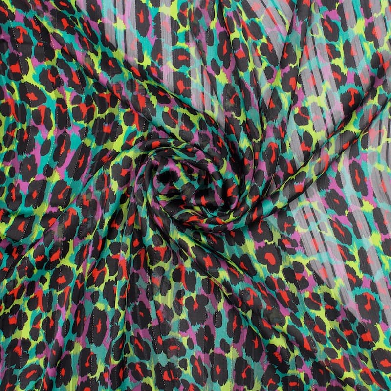 Veil with animal print, satin stripes and metal thread - multicolored