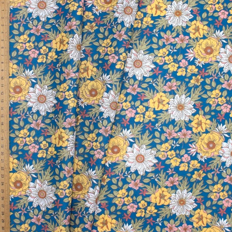 Coated cotton with flowers - blue 