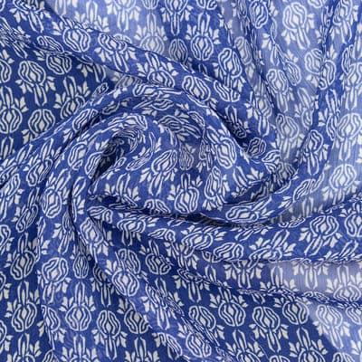 Tissu voile viscose fleurs -bleu