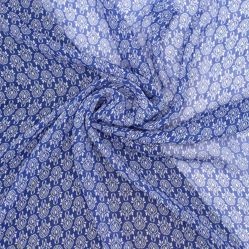 Tissu voile viscose fleurs -bleu