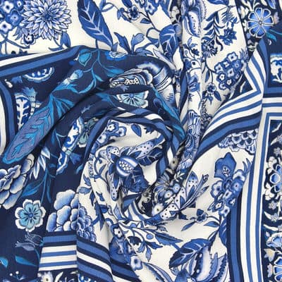 Tissu polyester carré fleuri - bleu