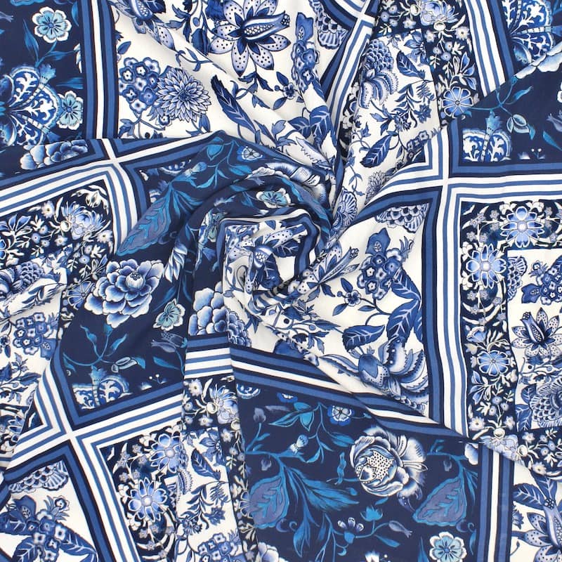Polyester fabric with squares and flowers - blue