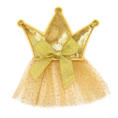 Sew-on crown badge with glitters and tulle - gold
