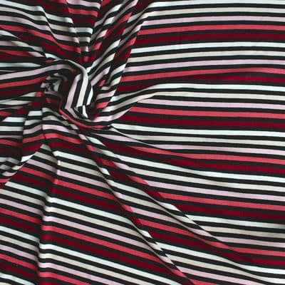 Jersey fabric of viscose and elasthanne with red, pink, green and yellow lines on black background
