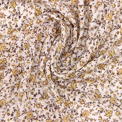 Polyester stof met fronsen en bloemen - beige 