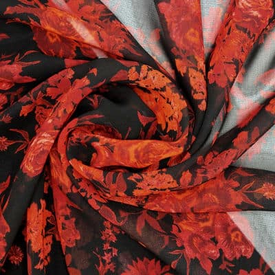Polyester veil fabric with flowers - black and red 