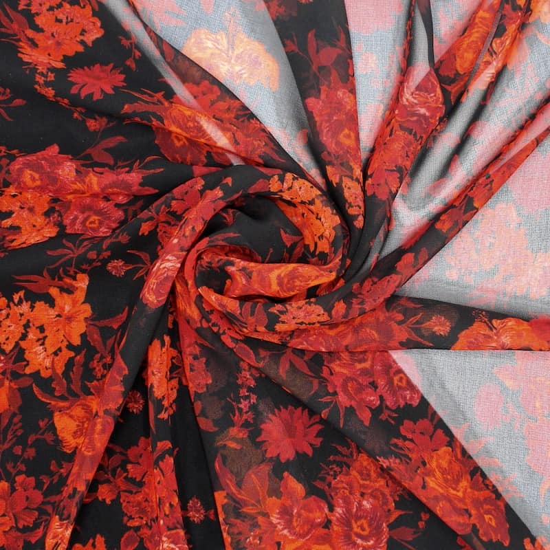 Polyester sluier met bloemen - zwart en rood 