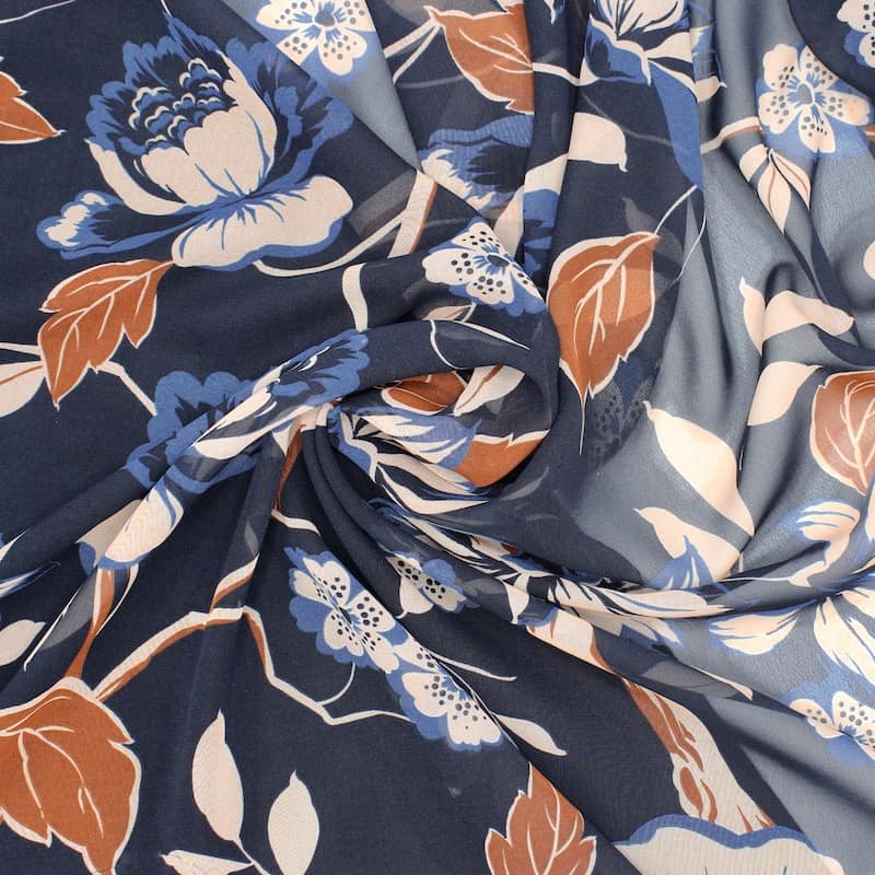 Polyester veil fabric with flowers - midnight blue 