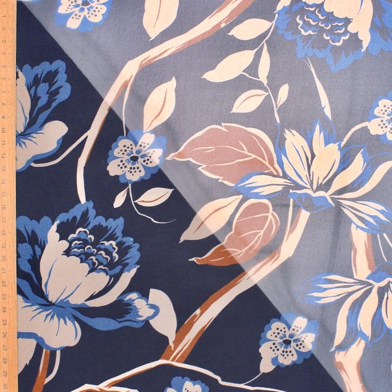 Polyester sluier met bloemen - donkerblauw