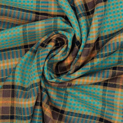 Checkered fabric in cotton and viscose - brown and turquoise