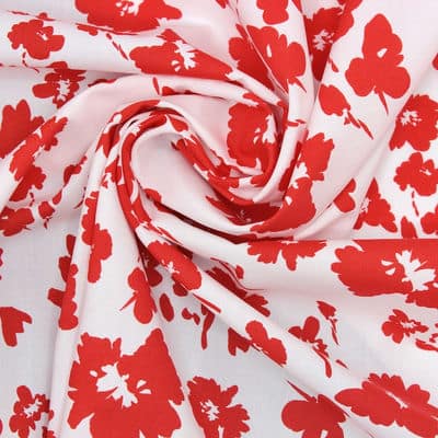 Tissu viscose et coton fleurs - blanc et rouge