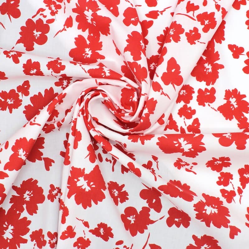 Stof in viscose en katoen met bloemen - wit en rood 