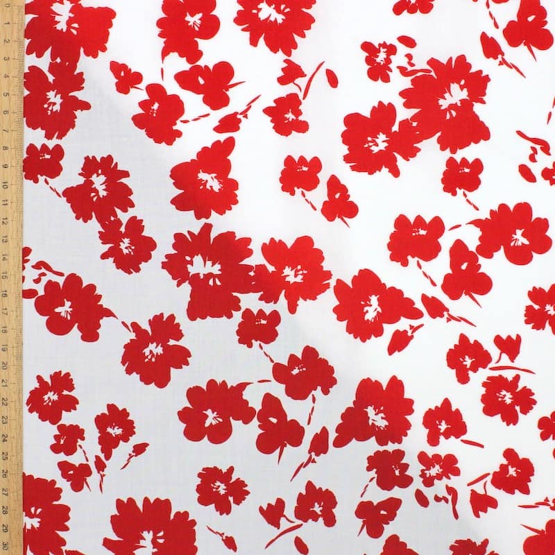 Tissu viscose et coton fleurs - blanc et rouge