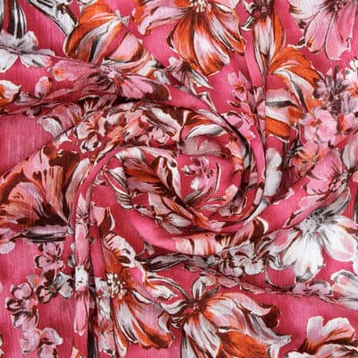 Tissu polyester fleurs - rose
