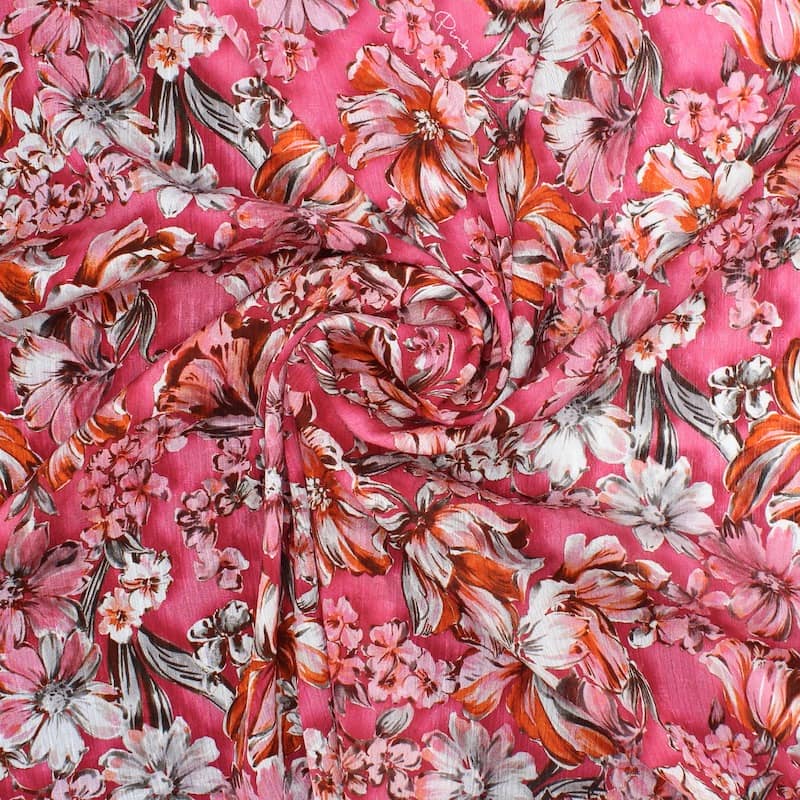 Polyester fabric with flowers - pink
