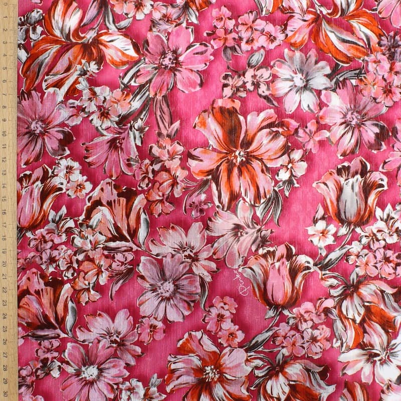 Tissu polyester fleurs - rose