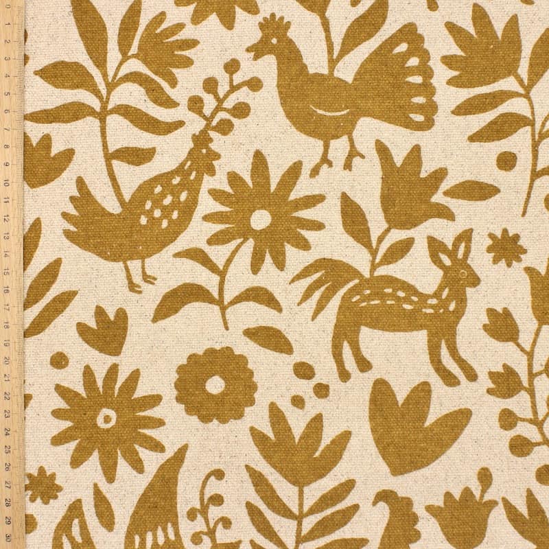 Cotton upholstery fabric with donkeys -  mustard yellow