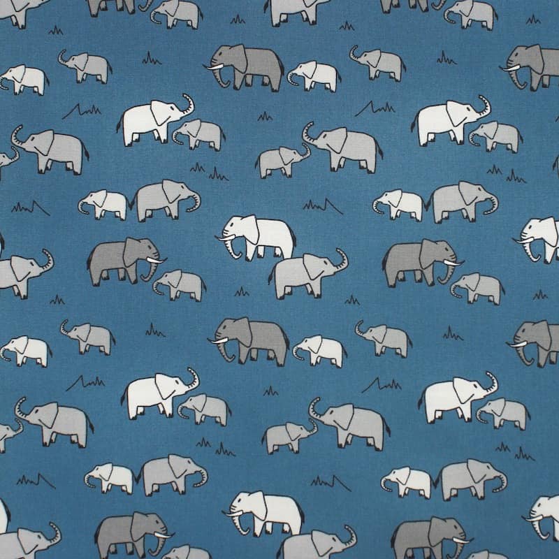 Tissu 100% coton éléphant - bleu