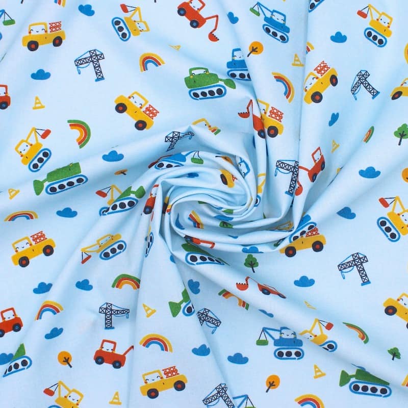 Cotton fabric with construction vehicule - sky blue 