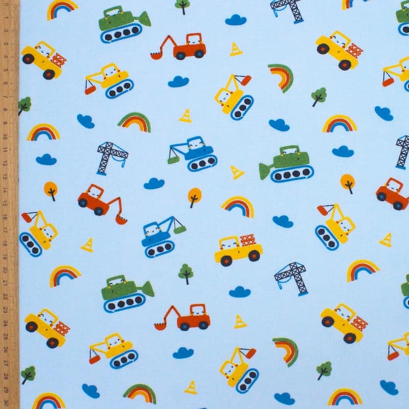 Cotton fabric with construction vehicule - sky blue 