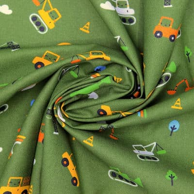Cotton fabric with construction vehicule - green