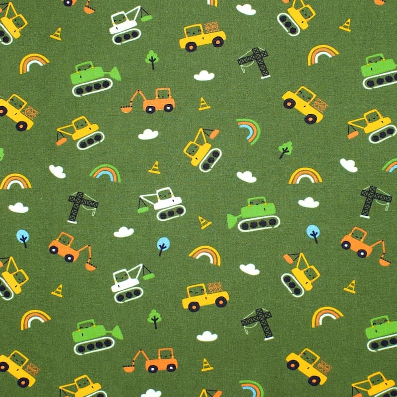 Cotton fabric with construction vehicule - green