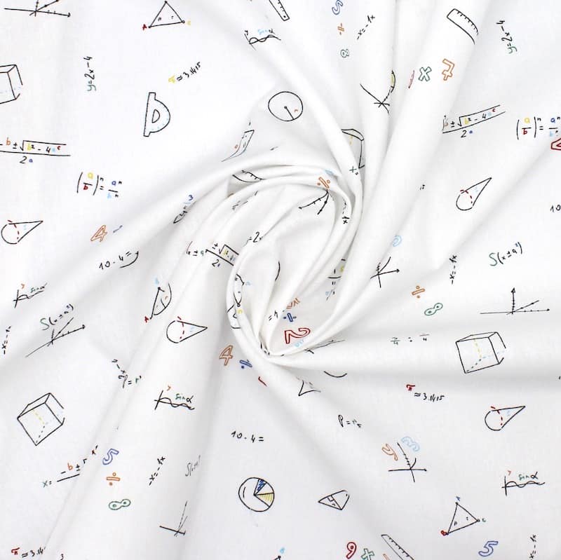 Cotton fabric with maths - white