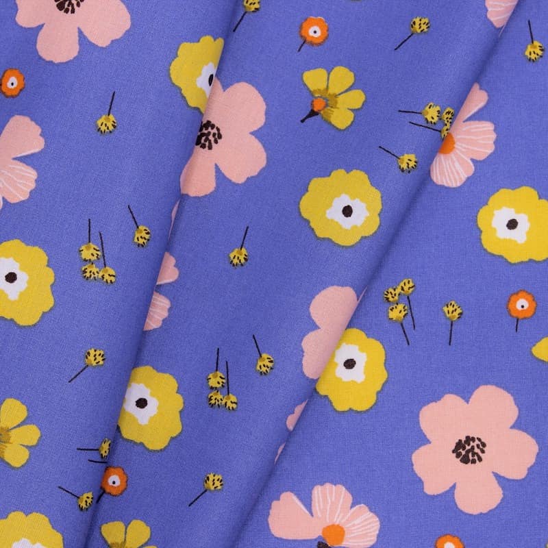 Coated cotton fabric with flowers - lavender