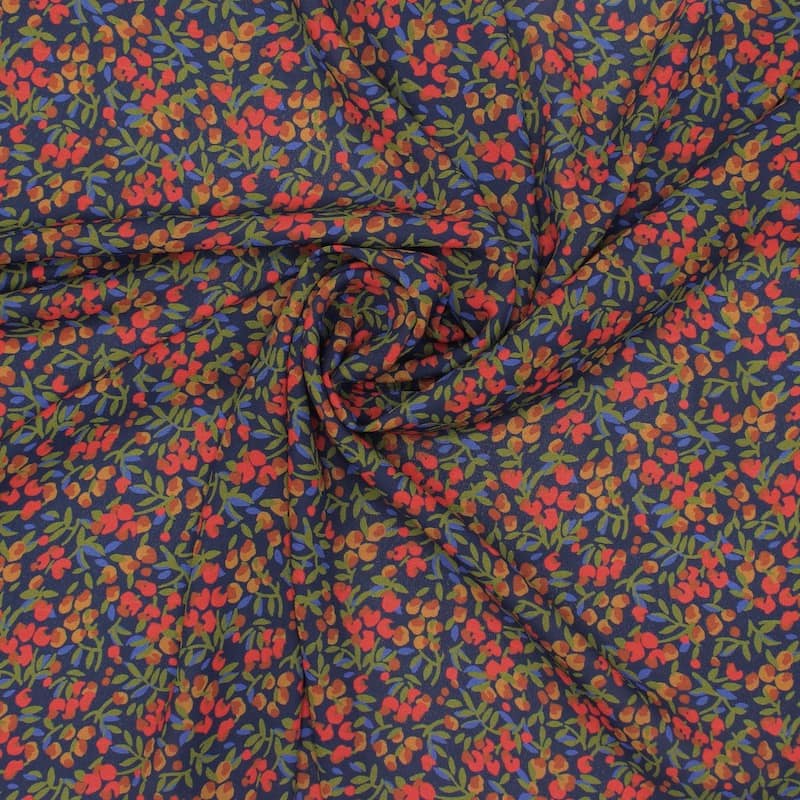 Polyester stof met bloemen - donkerblauw 