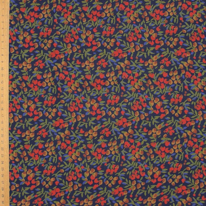 Tissu polyester floral - bleu nuit