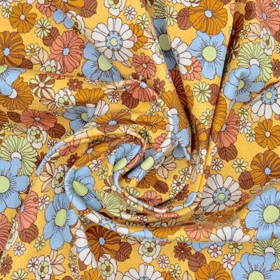 Extensible cotton fabric with twill weave and  with flowers - mandarine 