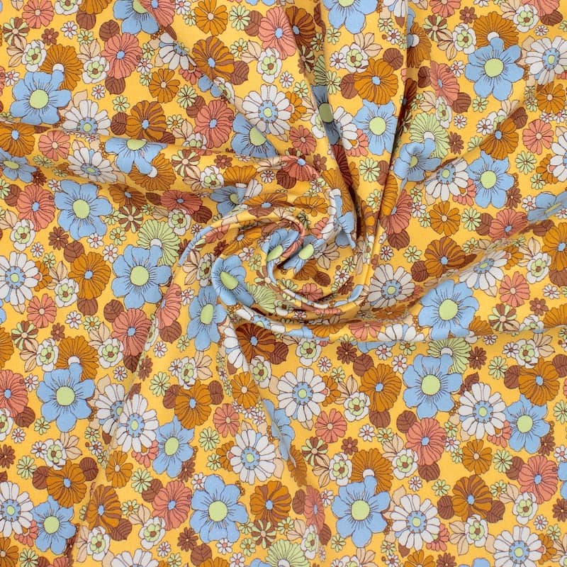 Extensible cotton fabric with twill weave and  with flowers - mandarine 