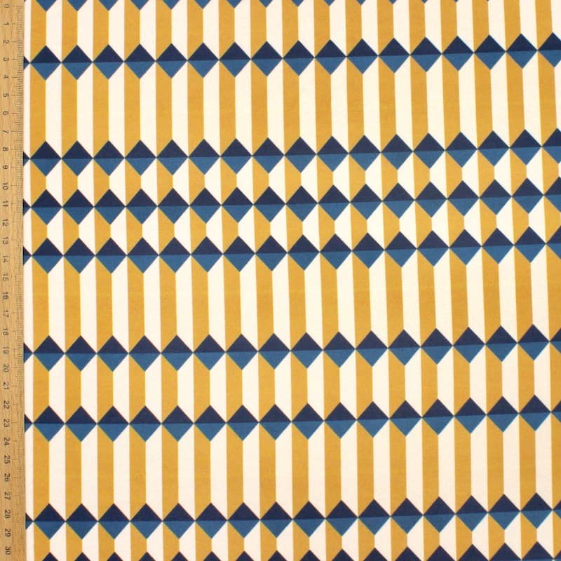 Tissu maille géométrique - beige et bleu
