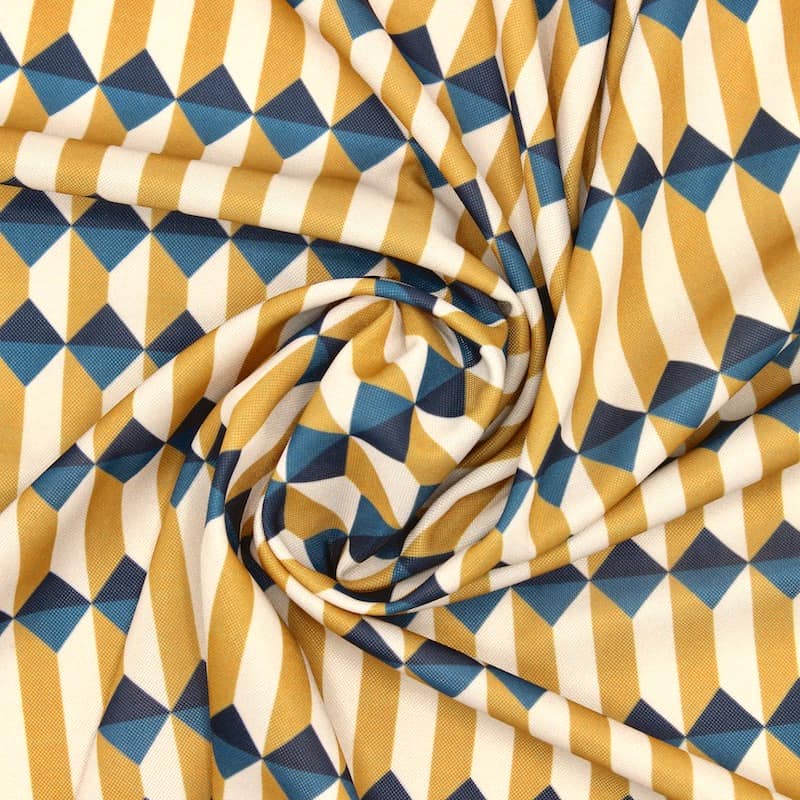 Gebreide stof met geometrische print - beige en blauw 