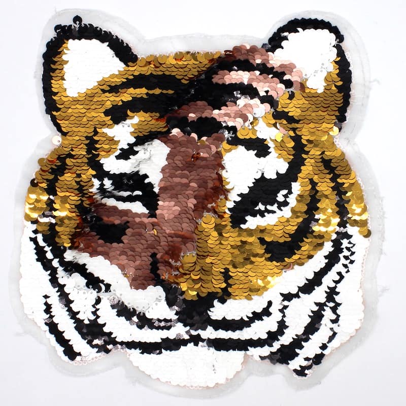 Sew-on tiger head with glitters - gold