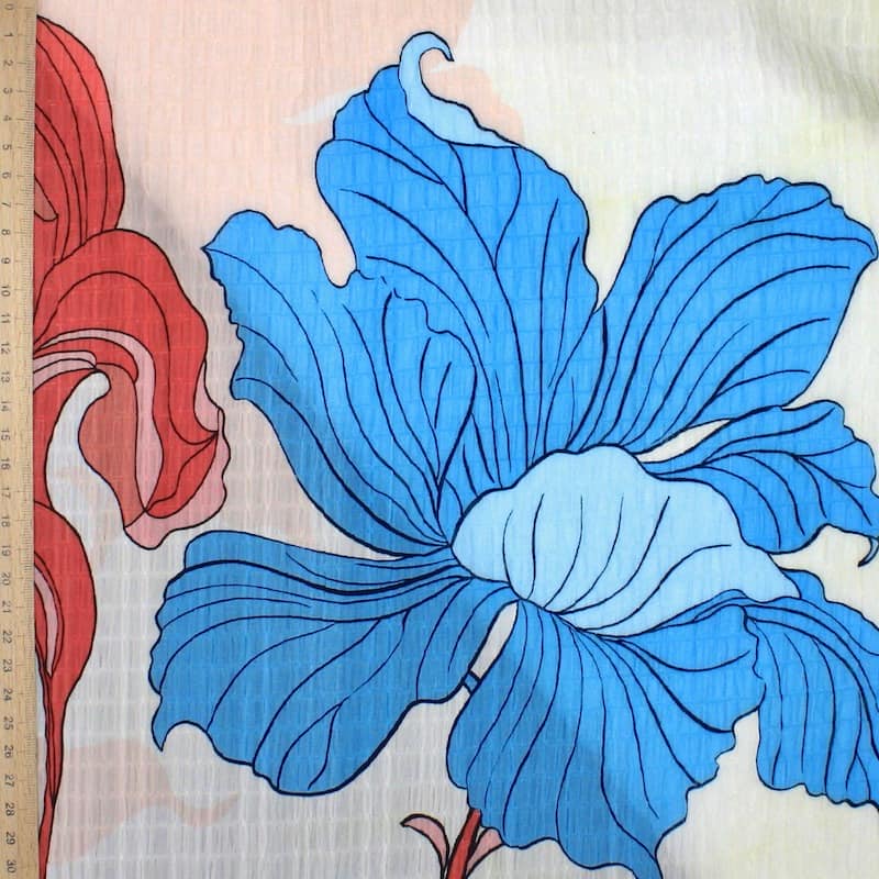 Fabric with flowers and aspect of double gauze - ecru 