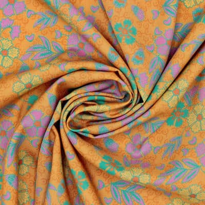 Viscose fabric with flowers - mandarine
