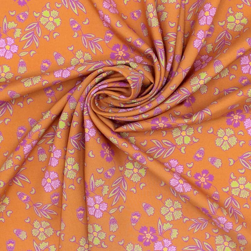 Tissu viscose fleurs - orange