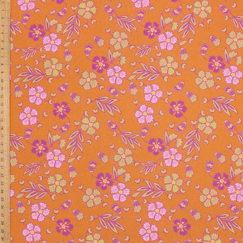 Viscose fabric with flowers - orange