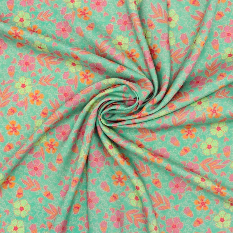 Viscose fabric with flowers - green