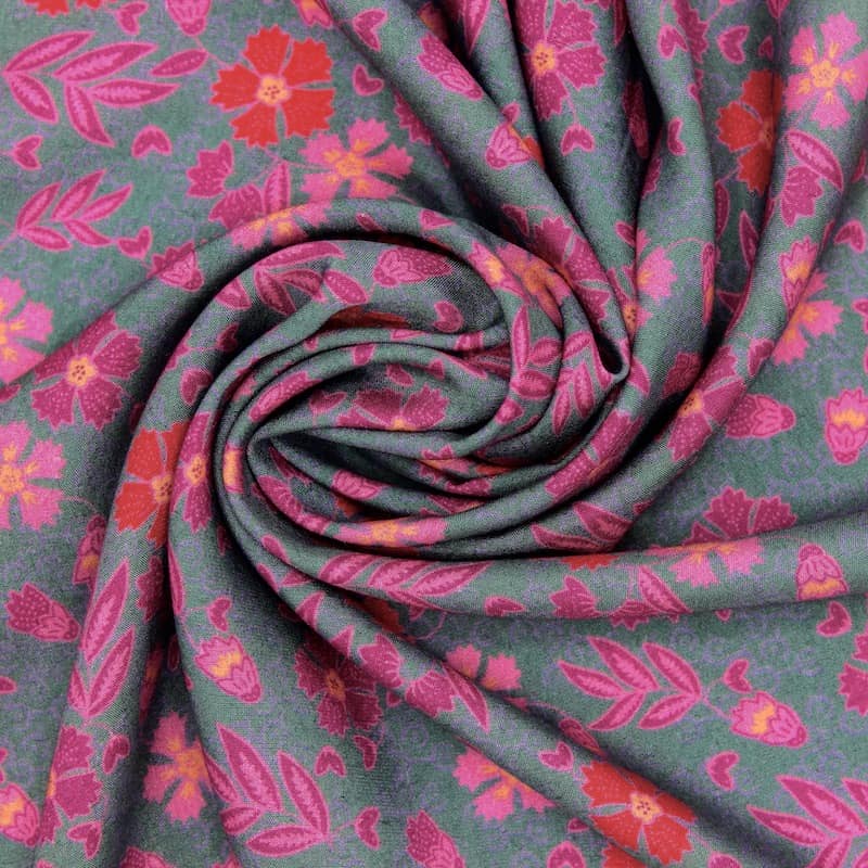 Viscose fabric with flowers - teal
