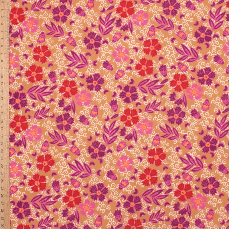 Poplin cotton with flowers - camel and fuchsia 