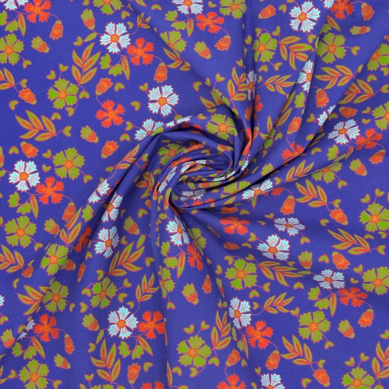 Popeline coton fleurs - bleu