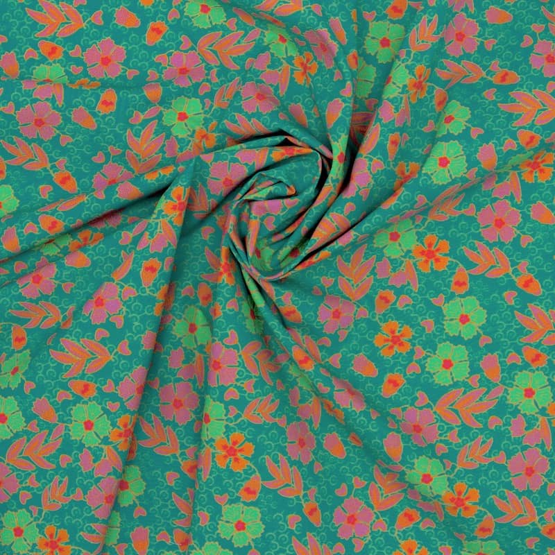Poplin cotton with flowers - teal
