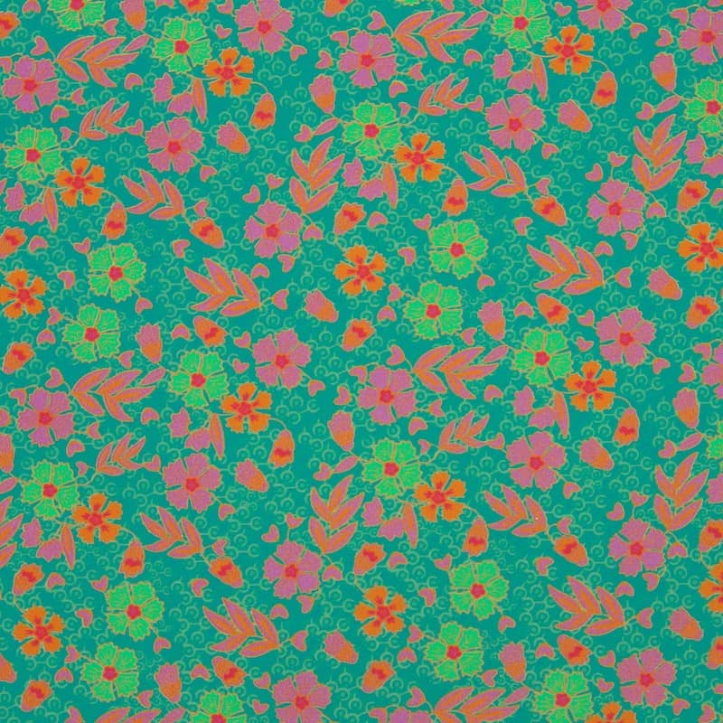 Poplin cotton with flowers - teal