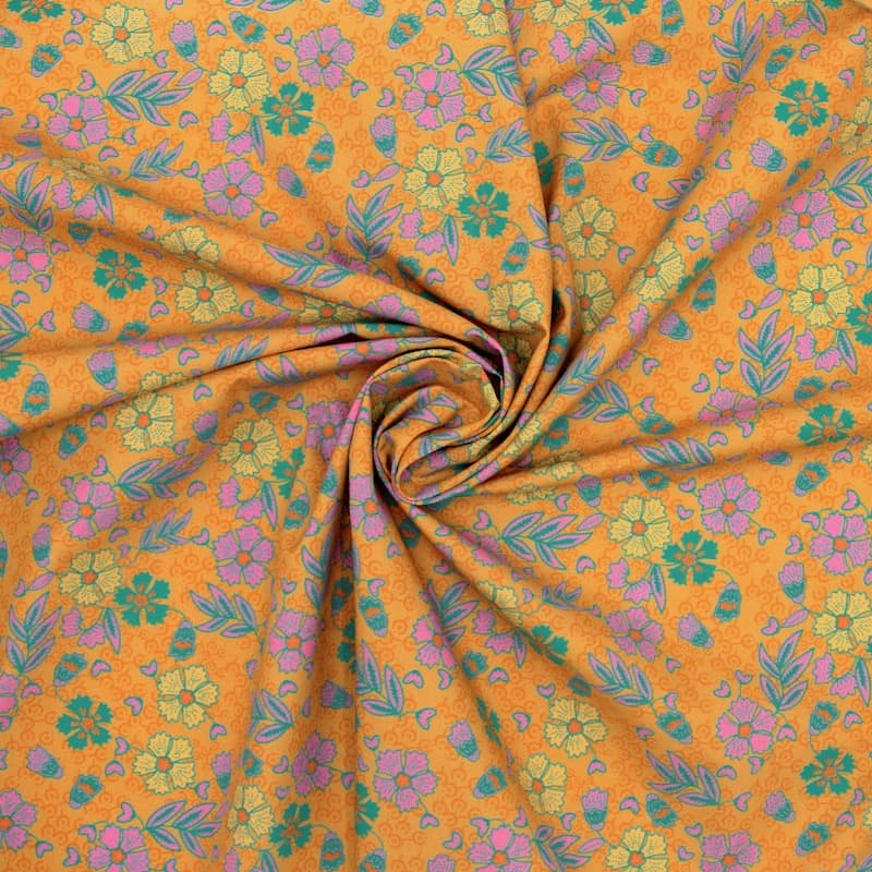 Poplin cotton with flowers - orange